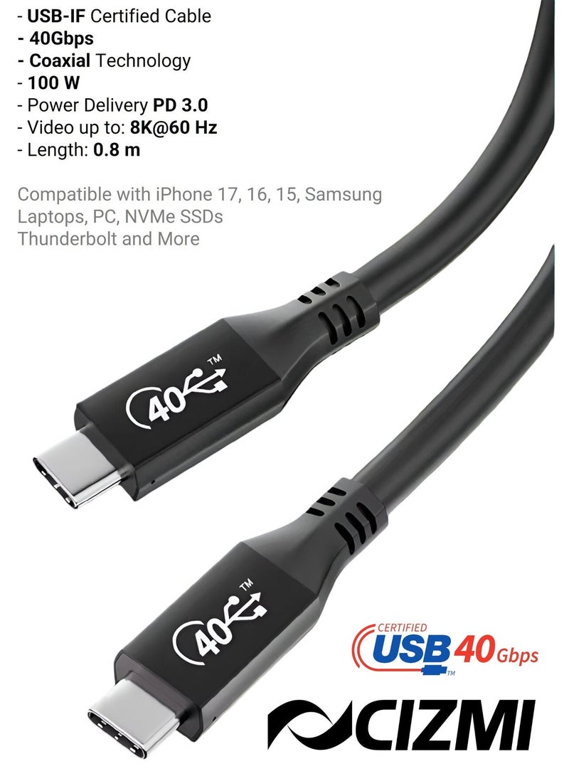 CIZMI ✦ [USB-IF Certified] 40Gbps 100W Super Charger Power Delivery PD 3.0 USB-C Cable | Coaxial Design | USB4 Gen 3| TBT4 | 8K@60Hz| Compatible with iPhone 17 16 15, Samsung, Monitor and More| 0.8 m - Image 2