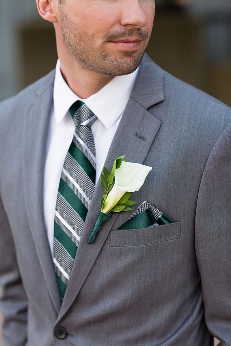 DiBanGu Mens Striped Tie Silk Woven Necktie and Pocket Square Cufflinks Tie Clip Set Wedding Business Formal Gift Tie for Men, Green and Grey - Image 3
