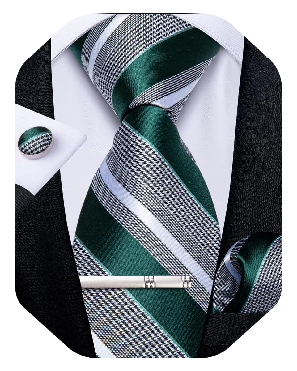 DiBanGu Mens Striped Tie Silk Woven Necktie and Pocket Square Cufflinks Tie Clip Set Wedding Business Formal Gift Tie for Men, Green and Grey