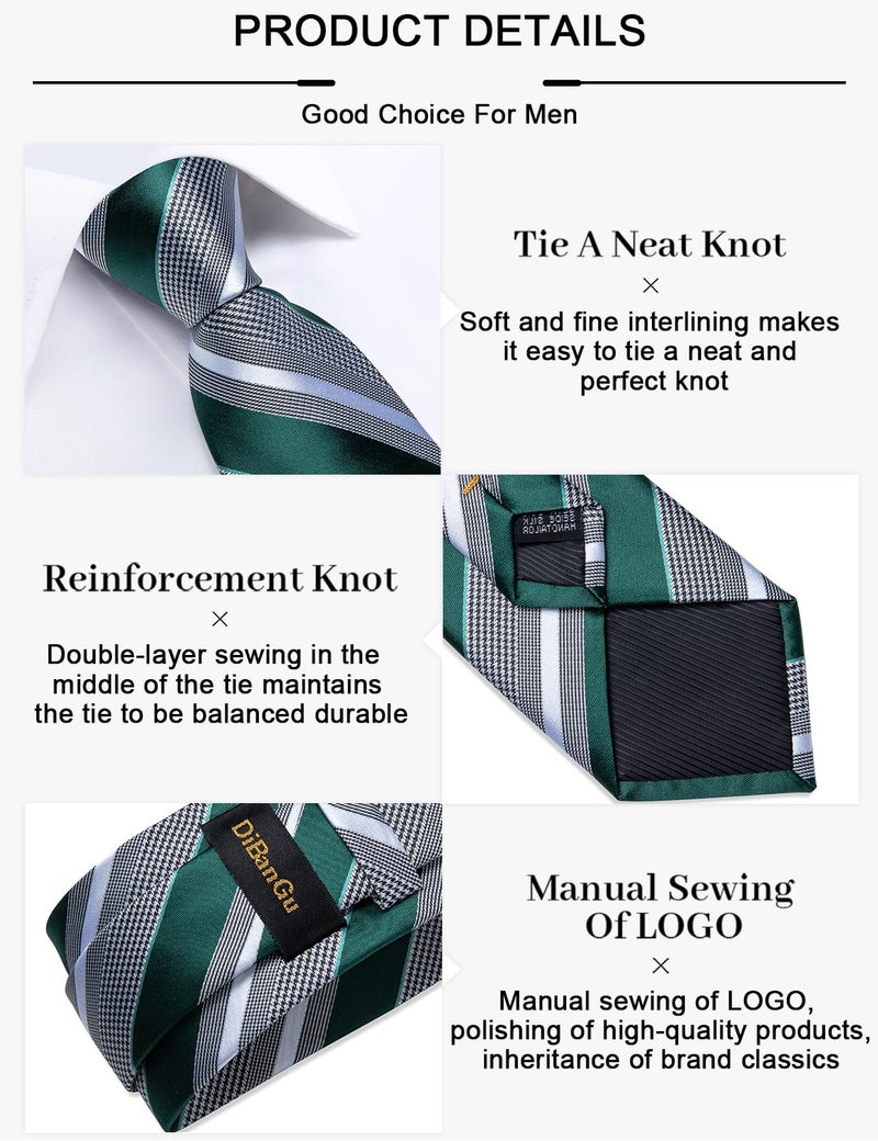 DiBanGu Mens Striped Tie Silk Woven Necktie and Pocket Square Cufflinks Tie Clip Set Wedding Business Formal Gift Tie for Men, Green and Grey - Image 5