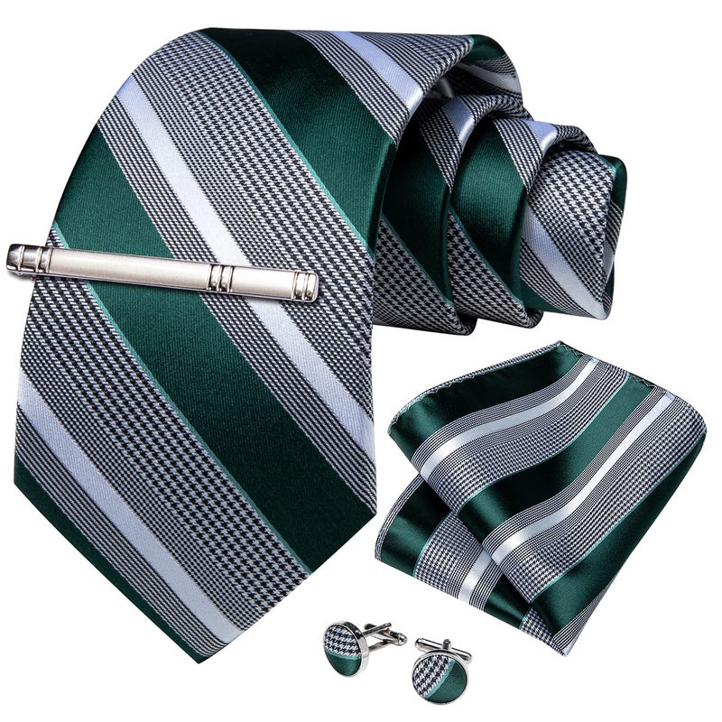 DiBanGu Mens Striped Tie Silk Woven Necktie and Pocket Square Cufflinks Tie Clip Set Wedding Business Formal Gift Tie for Men, Green and Grey - Image 2