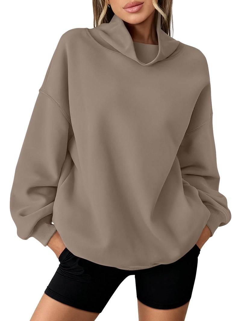 LILLUSORY Mock Neck Sweatshirt Womens Oversized Pullover Turtleneck Long Sleeve Tops Trendy Spring Fashion 2026 Coffeegrey XL - Image 2