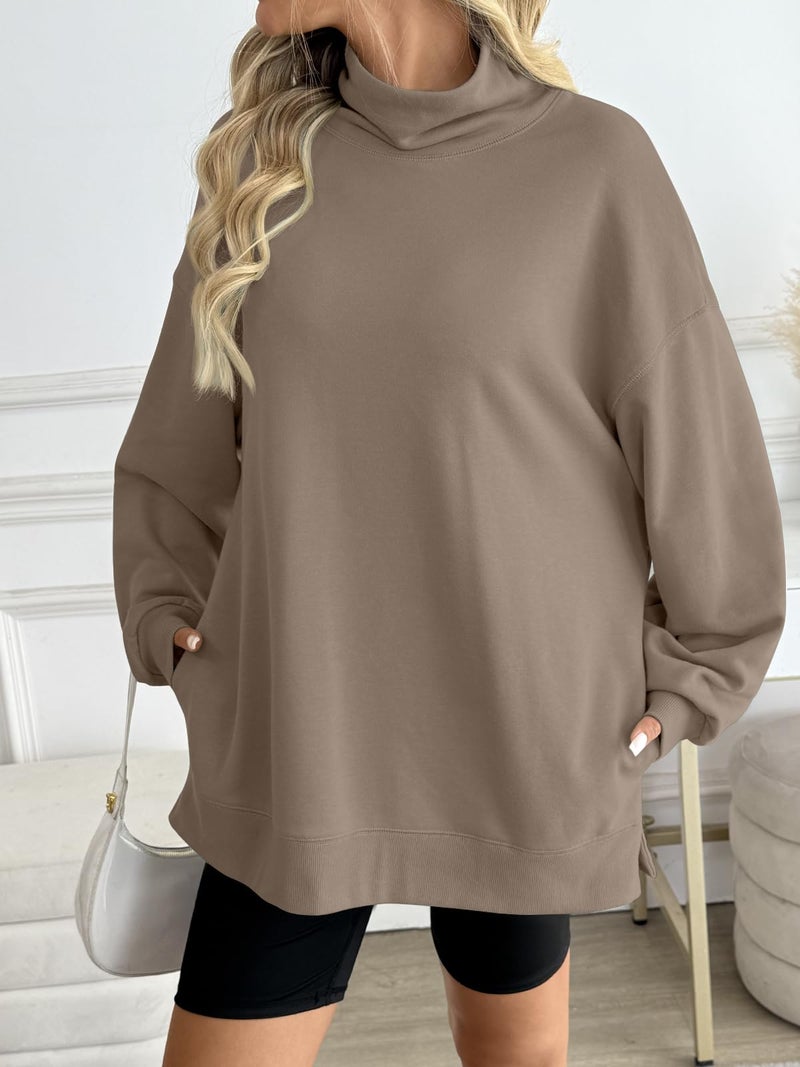 LILLUSORY Mock Neck Sweatshirt Womens Oversized Pullover Turtleneck Long Sleeve Tops Trendy Spring Fashion 2026 Coffeegrey XL - Image 4