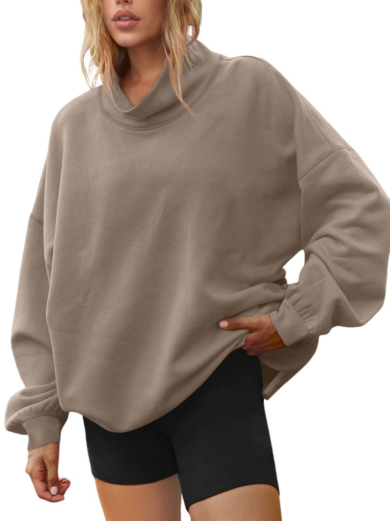 LILLUSORY Mock Neck Sweatshirt Womens Oversized Pullover Turtleneck Long Sleeve Tops Trendy Spring Fashion 2026 Coffeegrey XL - Image 1