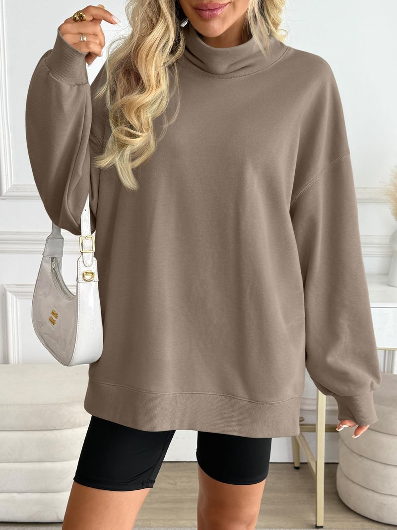 LILLUSORY Mock Neck Sweatshirt Womens Oversized Pullover Turtleneck Long Sleeve Tops Trendy Spring Fashion 2026 Coffeegrey XL - Image 3