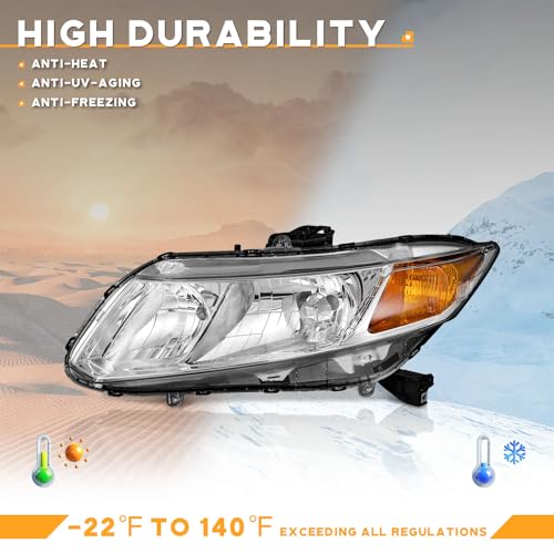 WEELMOTO for 2012-2015 Honda Civic 4Dr Sedan Headlights for 12-13 Honda Civic 2Dr Coupe Pair Headlamp Chrome Housing Amber Reflector Left+Right Side (Does NOT Fit Hybrid or Hybrid-L Models) - Image 4