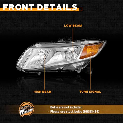 WEELMOTO for 2012-2015 Honda Civic 4Dr Sedan Headlights for 12-13 Honda Civic 2Dr Coupe Pair Headlamp Chrome Housing Amber Reflector Left+Right Side (Does NOT Fit Hybrid or Hybrid-L Models) - Image 5