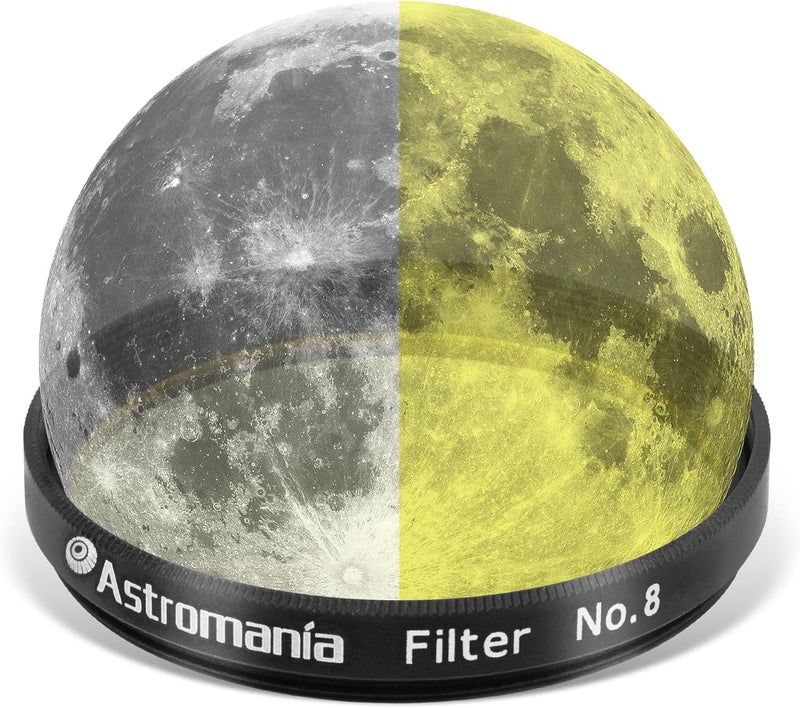 Astromania فلتر تلسكوب، فلتر كوكبي بإطار معدني لعدسة التلسكوب الفلكي، فلتر أصفر 2 بوصة #8 لتعزيز التباين في مراقبة الكواكب القمرية - Image 1