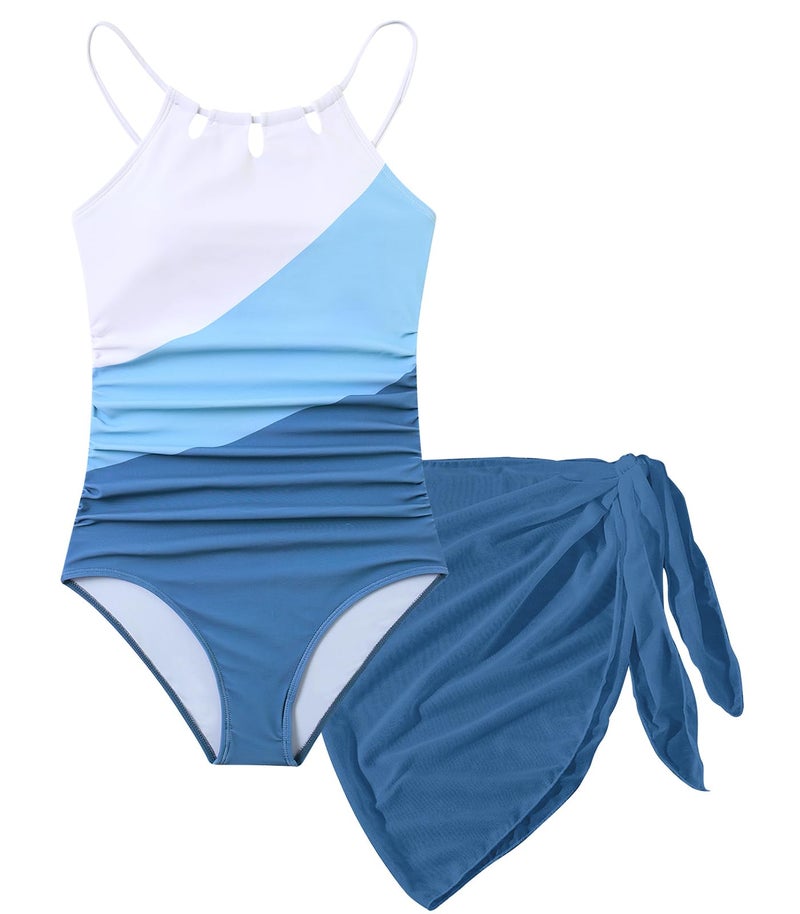 Cuddomper Girls Swimsiut Size 11-12 Color Block Teen One-Piece Bathing Suit with Blue Mesh Cover Ups Adjustable Straps Cut Out Swimwear - Image 5
