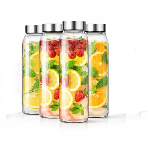 Vasukie Glass Water Bottles, Glass Fridge Water Bottle with Steel Cap, Wide mouth Leak proof & detox water bottle glass, water bottle for fridge, fridge bottle 750 ML (4 BOTTLE) - Image 1