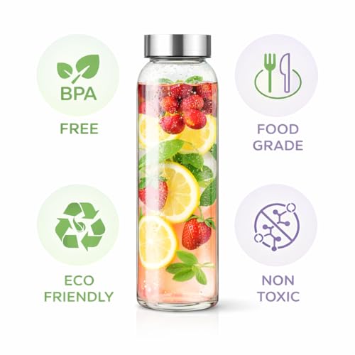 Vasukie Glass Water Bottles, Glass Fridge Water Bottle with Steel Cap, Wide mouth Leak proof & detox water bottle glass, water bottle for fridge, fridge bottle 750 ML (4 BOTTLE) - Image 2