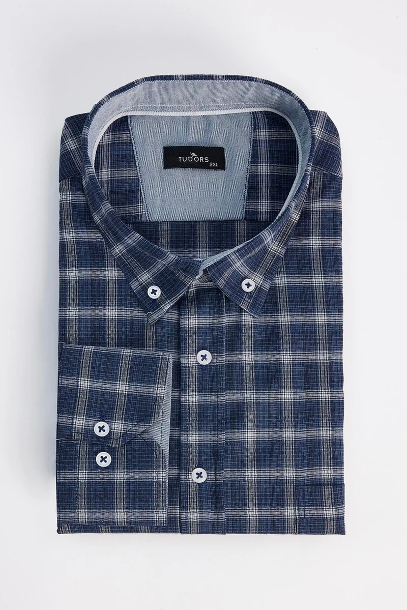 Tudors Men's Big Size Cotton Checked Button-Down Collar Shirt