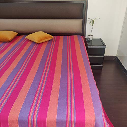 RANGBHAR Handloom Cotton Double Bedsheet Without Pillow Covers, Woven Striped Bedcover, 90 x 100 inch, Pink - Image 5
