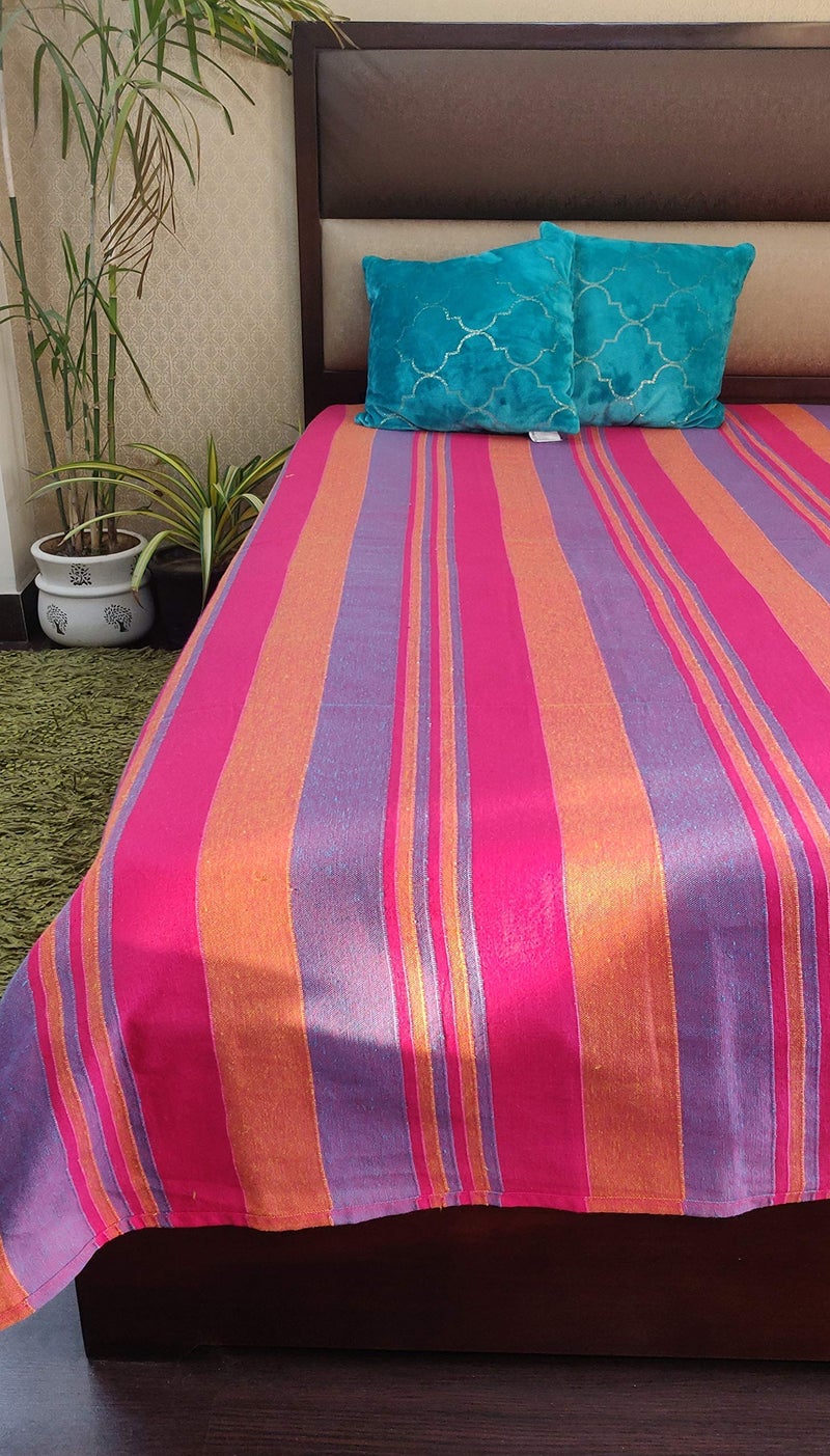 RANGBHAR Handloom Cotton Double Bedsheet Without Pillow Covers, Woven Striped Bedcover, 90 x 100 inch, Pink - Image 4
