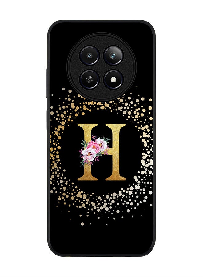 Stylizedd حافظة حواف سوداء متينة لهاتف Realme 12 / Realme 12x، حافظة مرنة رفيعة - حرف مونوغرام مخصص بنمط زهور - ح (أسود) - Image 1