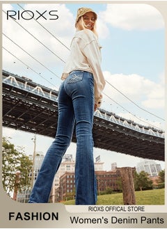 RIOXS Women's Denim Pants, Hight-quality Fit Jeans, Mid Waist Stretch Skinny Denim Pants with Zip Fly and Button Closure, Vintage-style Jeans, Perfect for Work, Casual, Outdoor and Party  - Image 4