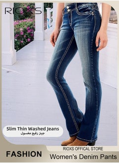 RIOXS Women's Denim Pants, Hight-quality Fit Jeans, Mid Waist Stretch Skinny Denim Pants with Zip Fly and Button Closure, Vintage-style Jeans, Perfect for Work, Casual, Outdoor and Party  - Image 2