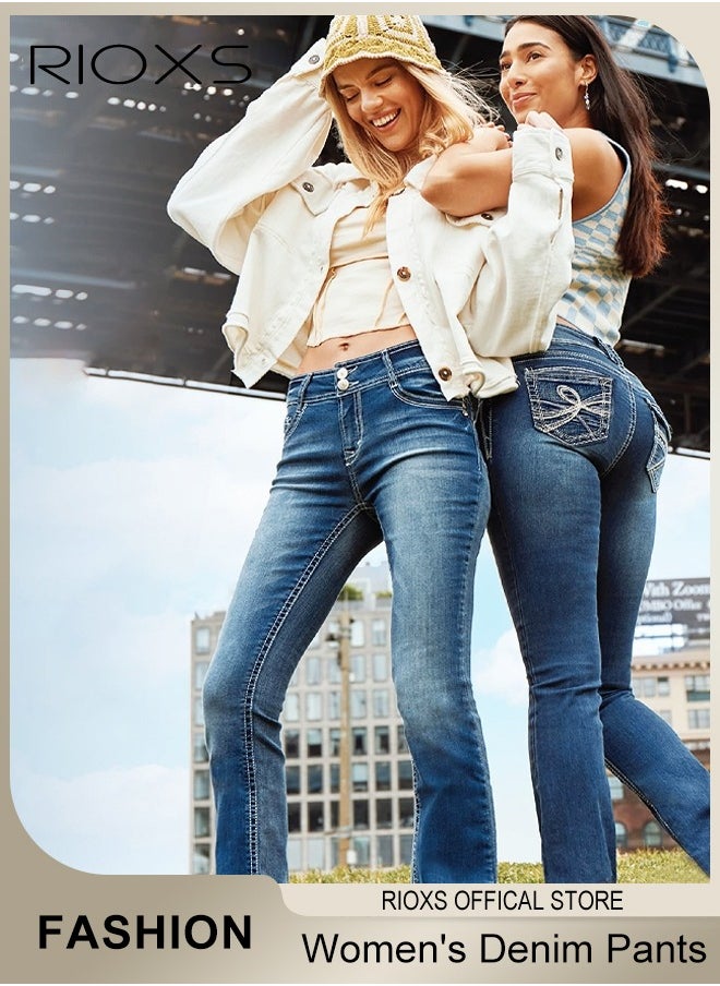 RIOXS Women's Denim Pants, Hight-quality Fit Jeans, Mid Waist Stretch Skinny Denim Pants with Zip Fly and Button Closure, Vintage-style Jeans, Perfect for Work, Casual, Outdoor and Party  - Image 3