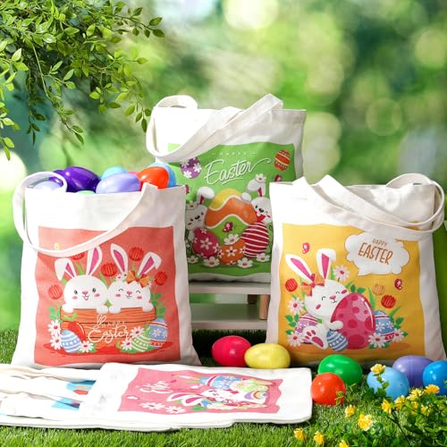Dansydaisy 6 Pcs Easter Canvas Tote Bags with Handle 13 x 13 Inch Reusable Bunny Egg Gift Bags for Kids Cute Egg Rabbit Goodie Treat Basket for Teens Girls Spring Happy Easter Party Favor Supplies - Image 2