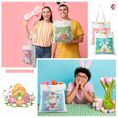 Dansydaisy 6 Pcs Easter Canvas Tote Bags with Handle 13 x 13 Inch Reusable Bunny Egg Gift Bags for Kids Cute Egg Rabbit Goodie Treat Basket for Teens Girls Spring Happy Easter Party Favor Supplies - Image 5