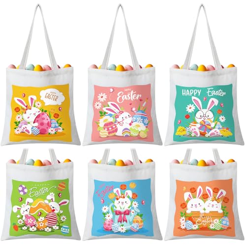 Dansydaisy 6 Pcs Easter Canvas Tote Bags with Handle 13 x 13 Inch Reusable Bunny Egg Gift Bags for Kids Cute Egg Rabbit Goodie Treat Basket for Teens Girls Spring Happy Easter Party Favor Supplies - Image 1