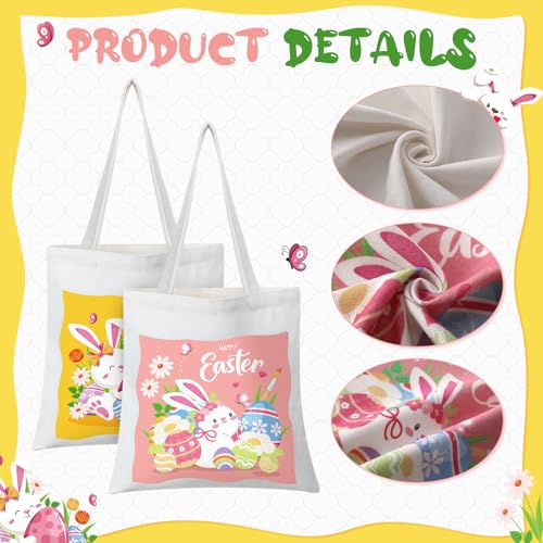 Dansydaisy 6 Pcs Easter Canvas Tote Bags with Handle 13 x 13 Inch Reusable Bunny Egg Gift Bags for Kids Cute Egg Rabbit Goodie Treat Basket for Teens Girls Spring Happy Easter Party Favor Supplies - Image 4
