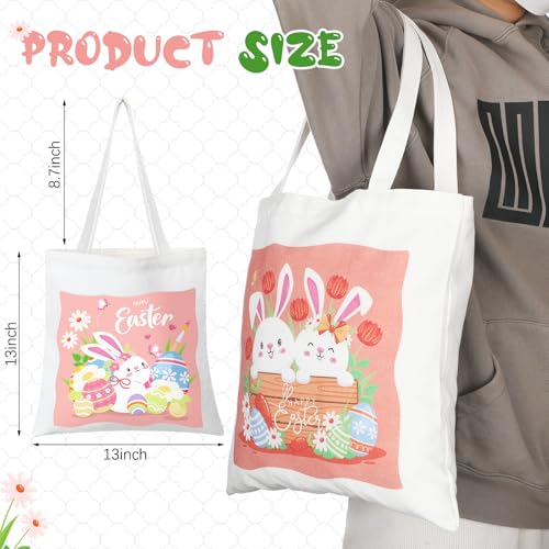 Dansydaisy 6 Pcs Easter Canvas Tote Bags with Handle 13 x 13 Inch Reusable Bunny Egg Gift Bags for Kids Cute Egg Rabbit Goodie Treat Basket for Teens Girls Spring Happy Easter Party Favor Supplies - Image 3