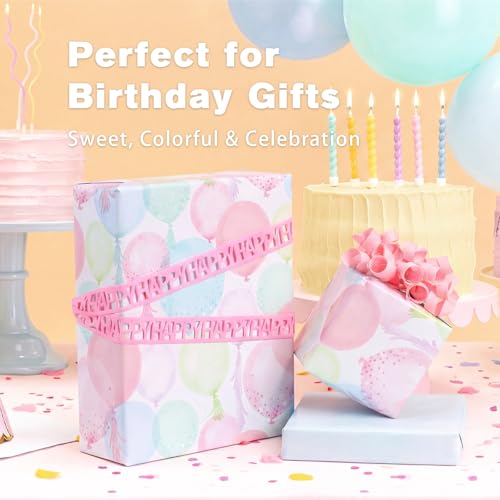 LaRibbons Pastel Birthday Wrapping Paper, Watercolor Balloon with Confetti Design for Birthday Gift Wrap for Kids & Adults, Gender Neutral Party Gift Wrapping for Baby Showers, Holiday, 17 '' x 33 Ft - Image 3