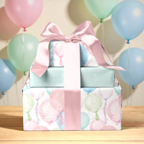 LaRibbons Pastel Birthday Wrapping Paper, Watercolor Balloon with Confetti Design for Birthday Gift Wrap for Kids & Adults, Gender Neutral Party Gift Wrapping for Baby Showers, Holiday, 17 '' x 33 Ft - Image 4