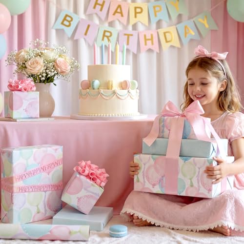 LaRibbons Pastel Birthday Wrapping Paper, Watercolor Balloon with Confetti Design for Birthday Gift Wrap for Kids & Adults, Gender Neutral Party Gift Wrapping for Baby Showers, Holiday, 17 '' x 33 Ft - Image 2