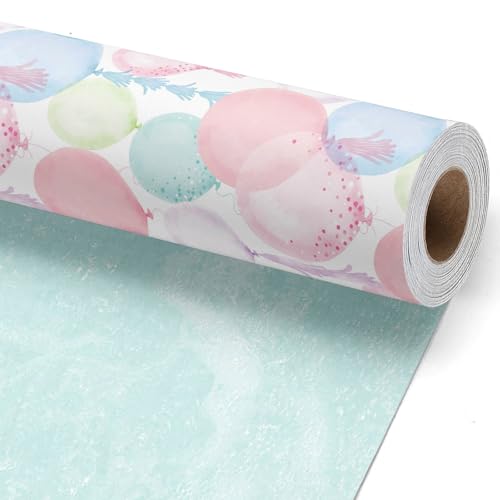 LaRibbons Pastel Birthday Wrapping Paper, Watercolor Balloon with Confetti Design for Birthday Gift Wrap for Kids & Adults, Gender Neutral Party Gift Wrapping for Baby Showers, Holiday, 17 '' x 33 Ft - Image 1