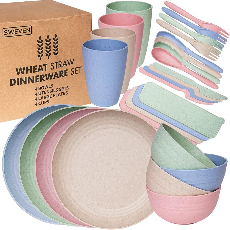 SWEVEN Wheat Straw Dinnerware Sets | Unbreakable Dinnerware Sets | Dishwasher Microwave Safe Dinnerware | Eco Friendly Non Breakable Dinnerware Sets | RV Outdoor Camping (Multi, Service for 4 (28 pcs)) - Image 1