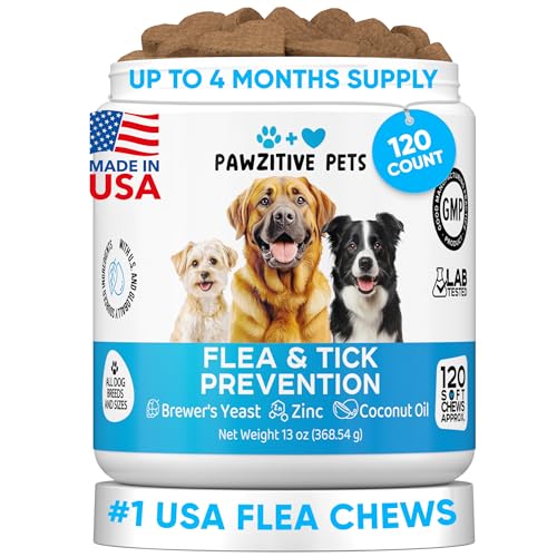 Pawzitive Pets Chewable Flea and Tick Prevention for Dogs - 120 Soft Chews Made in USA - Oral Flea and Tick Control Pills for Small, Medium, Large Dogs and Puppies - Skin and Coat Supplement Treats for All Breeds - Image 1