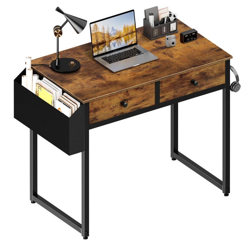 Lufeiya Small Computer Desk with 2 Drawers for Bedroom 31 Inch Home Office Desk with Storage Fabric Drawer and Bag Study Writing Table for Small Spaces Rustic Brown