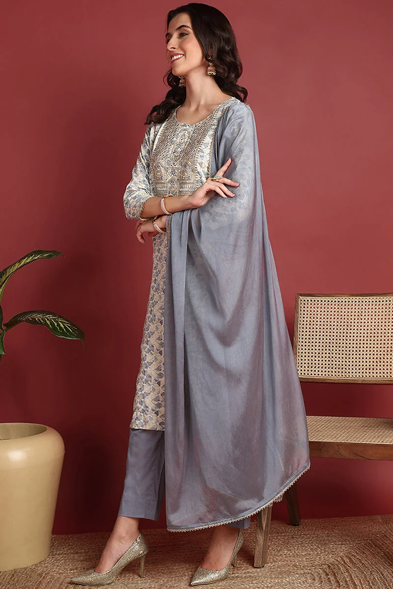 ZERESOUQ Grey Viscose Rayon Embroidered Straight 3-Piece Kurta Set