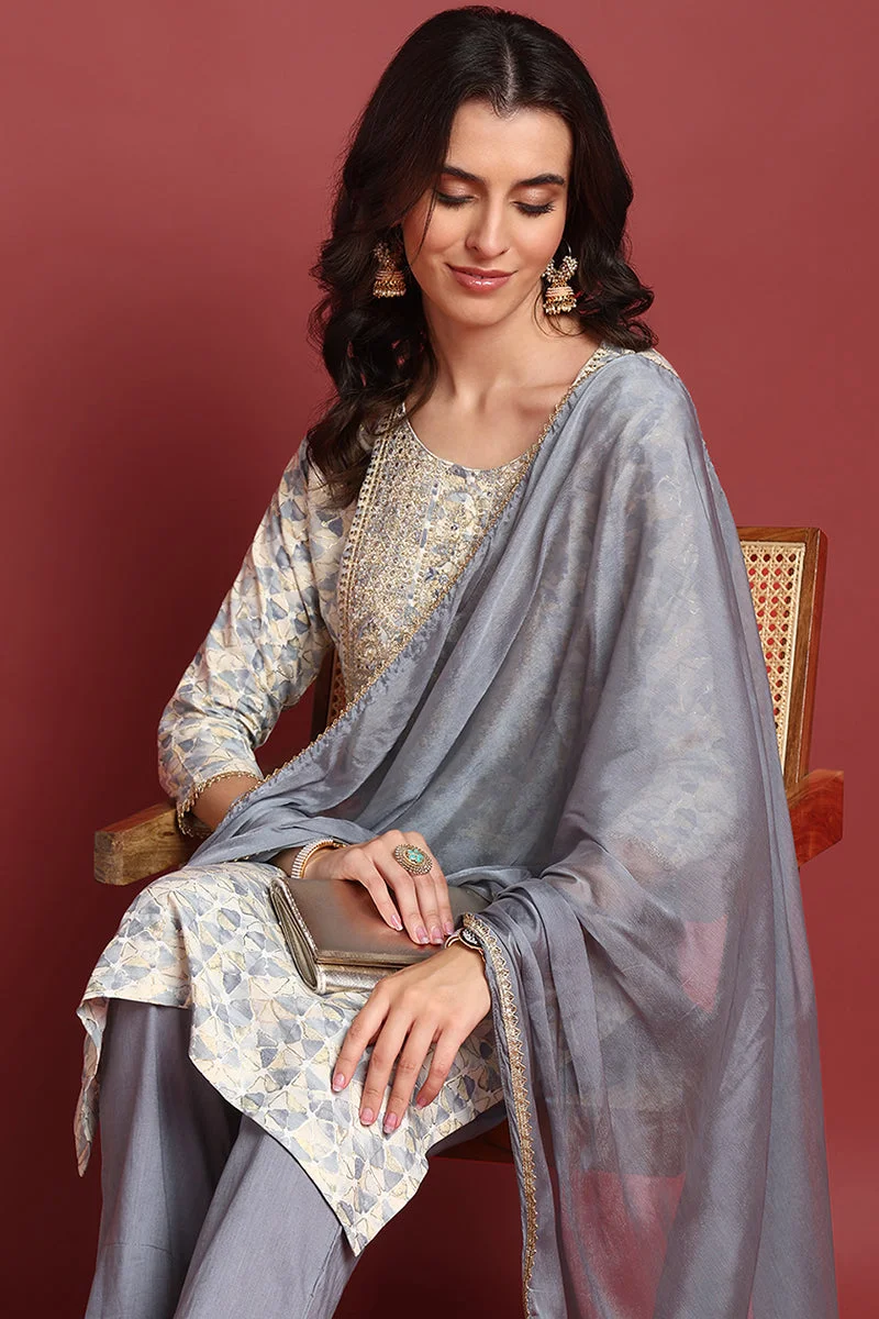 ZERESOUQ Grey Viscose Rayon Embroidered Straight 3-Piece Kurta Set