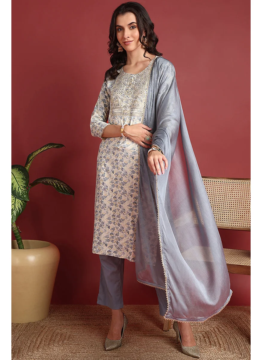 زيري سوق Grey Viscose Rayon Embroidered Straight 3-Piece Kurta Set