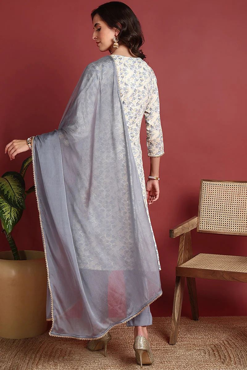 ZERESOUQ Grey Viscose Rayon Embroidered Straight 3-Piece Kurta Set