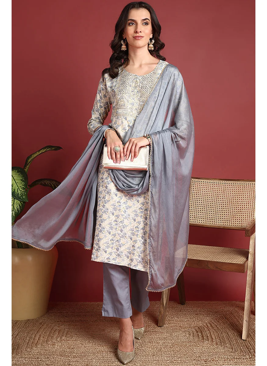 زيري سوق Grey Viscose Rayon Embroidered Straight 3-Piece Kurta Set
