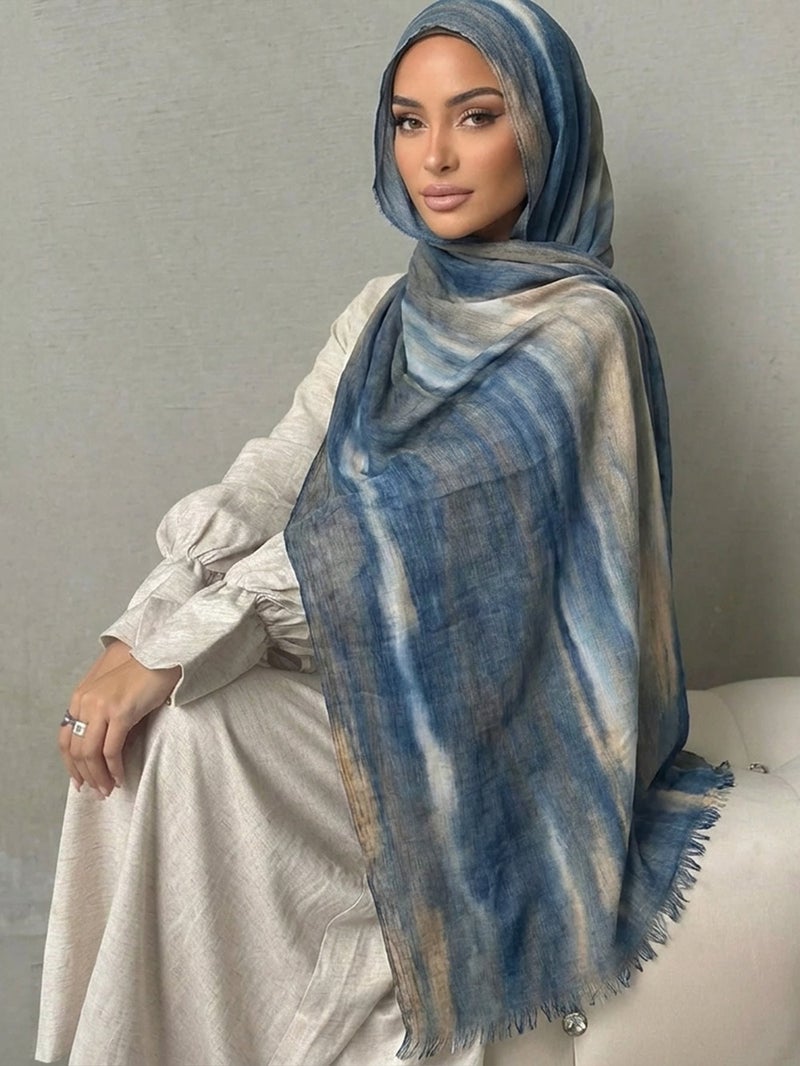 New Viscose Scarf Gradient Tie-Dye Stripe Headscarf Retro Versatile Printed Women's Pleated Shawl
