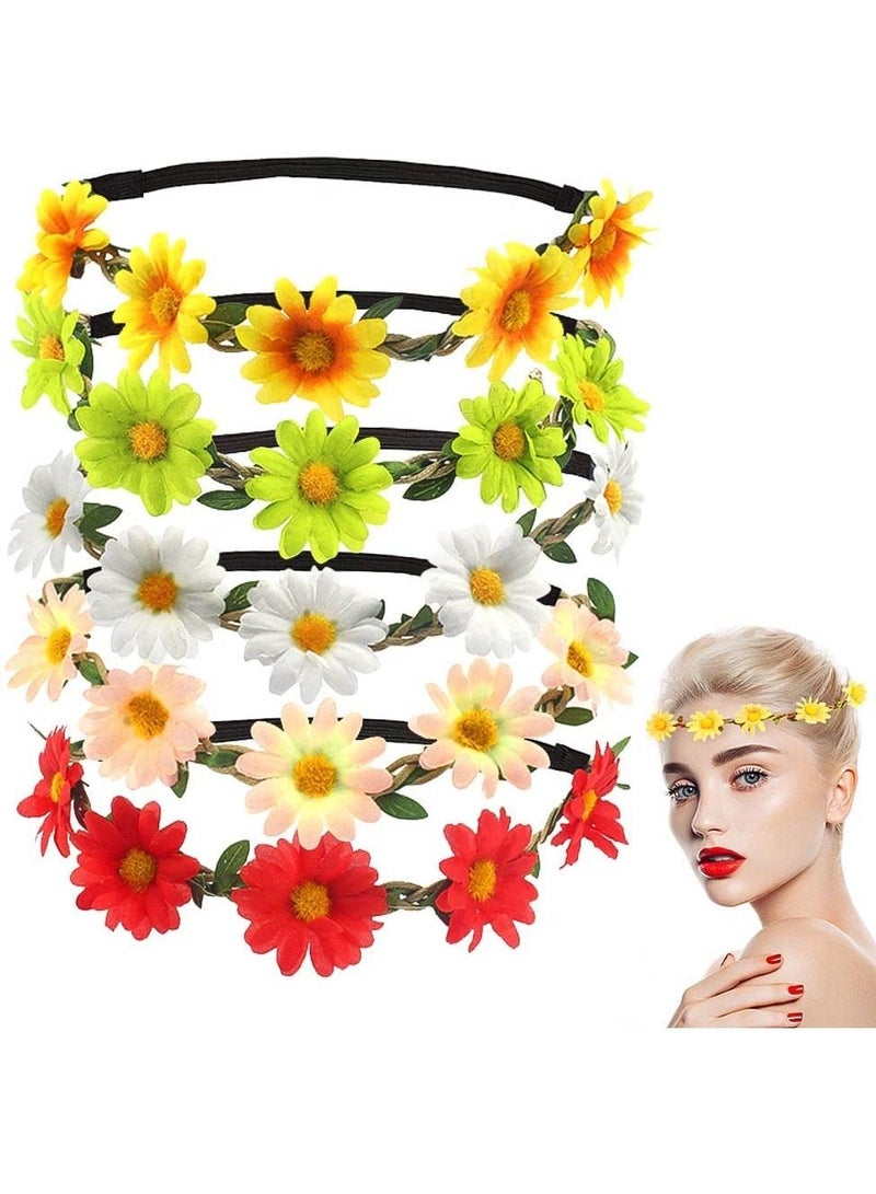 Loquat Daisy Flower Headband, 5 Piece Holiday Headband Garland Beach Vacation Straw Hat Hair Band Adjustable Elastic Ribbon Bride Headdress Suitable for Wedding Festivals Parties, Etc. - Image 1