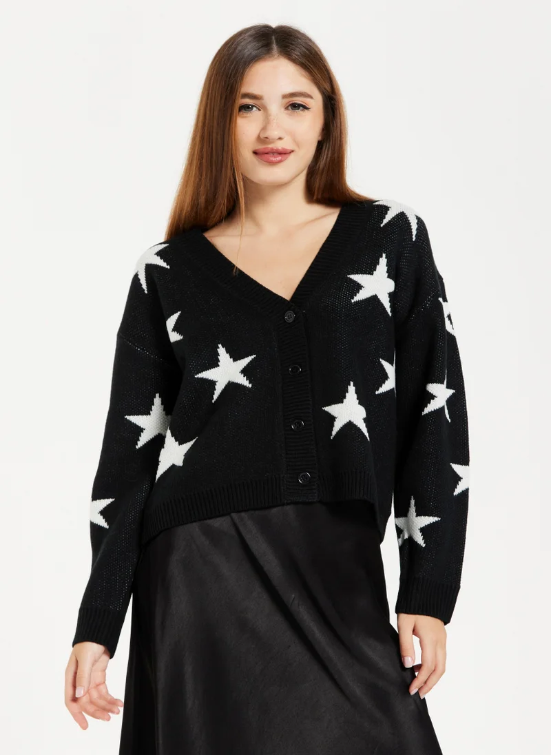 Liquorish White Star Cardigan In Black