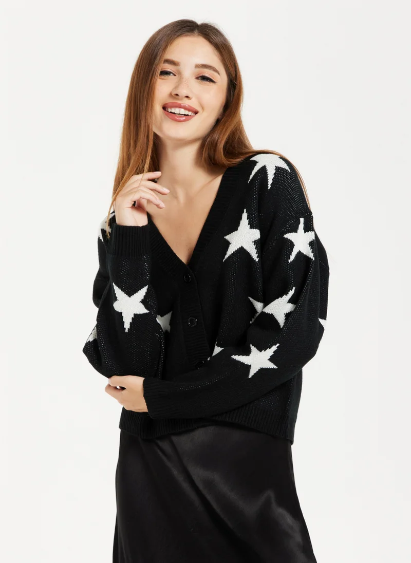 Liquorish White Star Cardigan In Black