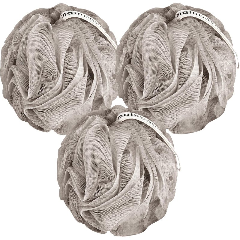 MainBasics Bath Shower Loofah Sponge Pouf Body Scrubber Exfoliator Body Wash Sponge (Set of 3, Totally Taupe) - Image 1