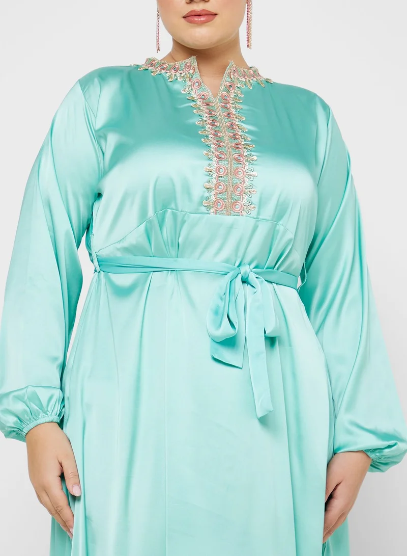 Hayas Closet Curve Balloon Sleeve Embellished Dress
