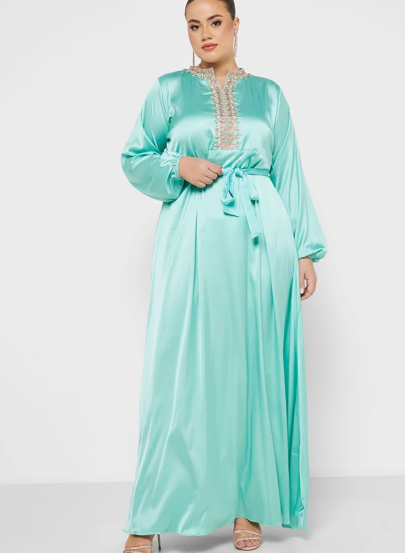 Hayas Closet Curve Balloon Sleeve Embellished Dress