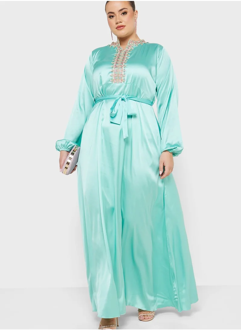 Hayas Closet Curve Balloon Sleeve Embellished Dress