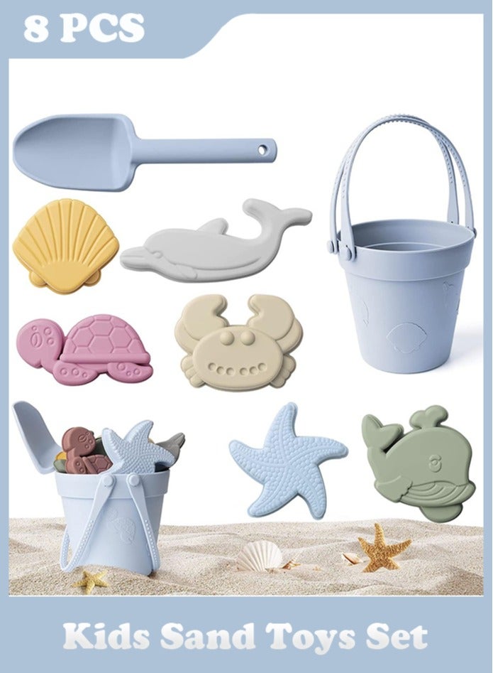 8PCS Kids Sand Toys Set, Silicone Beach Toys with Portable Beach Bag, Travel Friendly Beach Toys Set for Boys Girls, Beach Bucket Set with Sand Toy Molds Summer Outdoor Toys (Blue) - Image 1