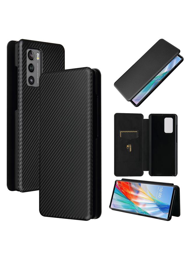 اس-توب جراب لهاتف LG Wing 5G مصنوع من ألياف الكربون بتصميم أفقي قابل للطي مصنوع من مادة TPU + PC + جلد PU مع فتحة للبطاقات - Image 1