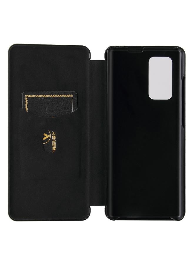 اس-توب جراب لهاتف LG Wing 5G مصنوع من ألياف الكربون بتصميم أفقي قابل للطي مصنوع من مادة TPU + PC + جلد PU مع فتحة للبطاقات - Image 4